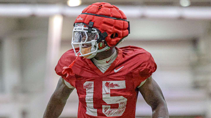 Arkansas Razorbacks cornerback Jaheim Singletary during preseason camp drills at the indoor practice field in Fayetteville, Ark. Arkansas Razorbacks cornerback Jaheim Singletary during preseason camp drills at the indoor practice field in Fayetteville, Ark.