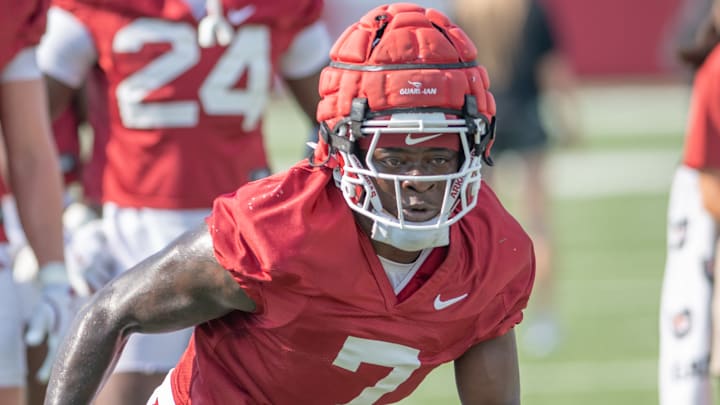 Arkansas Razorbacks linebacker Bradley Shaw during practices on the outdoor fields in Fayetteville, Ark. Arkansas Razorbacks linebacker Bradley Shaw during practices on the outdoor fields in Fayetteville, Ark.