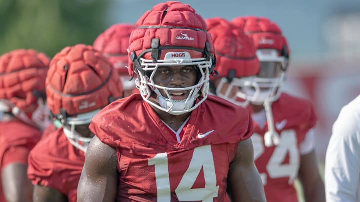 Arkansas Razorbacks linebacker Stephen Dix during practices on the outdoor fields in Fayetteville, Ark.