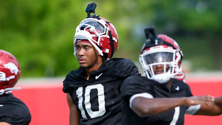 Arkansas Razorbacks quarterback Taylen Green on the outdoor practice fields during preseason camp practices in Fayetteville, Ark. Arkansas Razorbacks quarterback Taylen Green on the outdoor practice fields during preseason camp practices in Fayetteville, Ark.