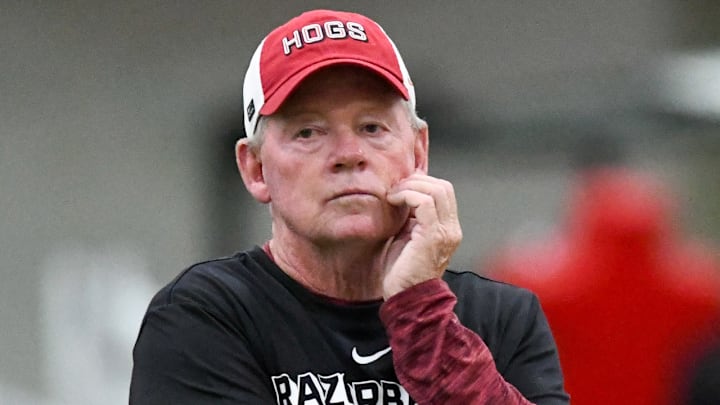 Arkansas Razorbacks offensive coordinator Bobby Petrino during preseason practices at the indoor center in Fayetteville, Ark.