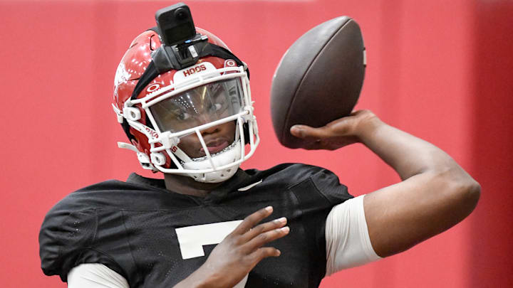 Arkansas Razorbacks quarterback KJ Jackson during preseason practices at the indoor center in Fayetteville, Ark.