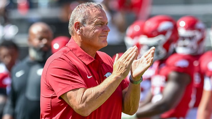 Arkansas Razorbacks coach Sam Pittman during pregame warmups against the Alabama A&M Bulldogs at Razorback Stadium in Fayetteville, Ark.