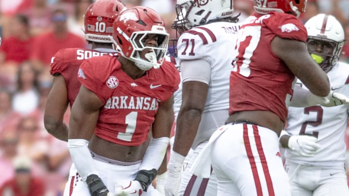 Arkansas Razorbacks defensive lineman Phillip Lee reacts after a play against the Alabama A&M Bulldogs in Razorback Stadium in Fayetteville, Ark. Arkansas Razorbacks defensive lineman Phillip Lee reacts after a play against the Alabama A&M Bulldogs in Razorback Stadium in Fayetteville, Ark.
