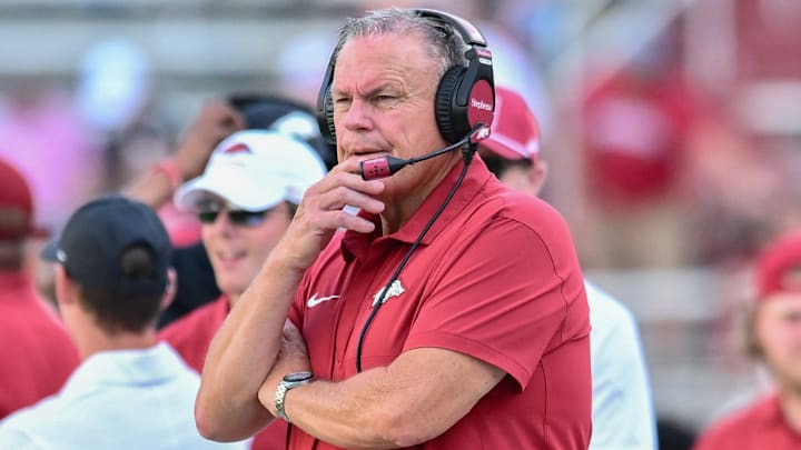 Arkansas Razorbacks coach Sam Pittman on the sidelines against the Alabama A&M Bulldogs at Razorback Stadium in Fayetteville, Ark.