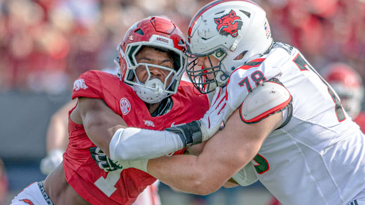 Arkansas Razorbacks defensive lineman Phillip Lee against the Arkansas State Red Wolves at War Memorial Stadium in Little Rock, Ark.