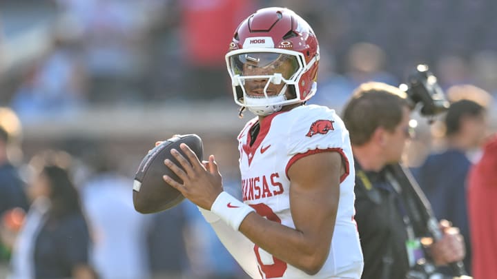 Arkansas Razorbacks quarterback Taylen Green dropping back to pass against the Ole Miss Rebels at Vaught-Hemingway Stadium in Oxford, Miss. Arkansas Razorbacks quarterback Taylen Green dropping back to pass against the Ole Miss Rebels at Vaught-Hemingway Stadium in Oxford, Miss.