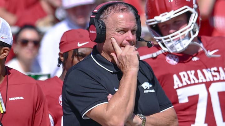 Arkansas Razorbacks coach Sam Pittman on the sidelines against the Notre Dame Fighting Irish at Razorback Stadium in Fayetteville, Ark.