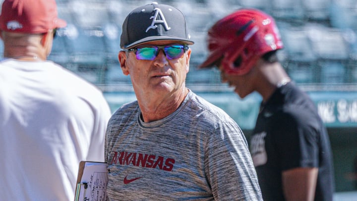 Arkansas Razorbacks coach Dave Van Horn in fall scrimmage at Baum-Walker Stadium.