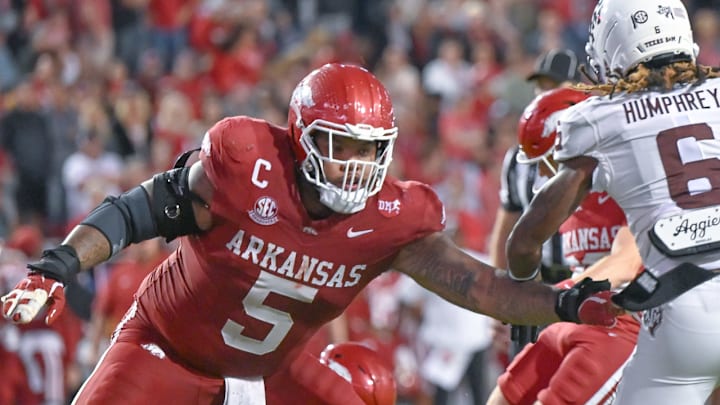 Arkansas Razorbacks defensive lineman Cam Ball in game against the Texas A&M Aggies at Razorback Stadium in Fayetteville, Ark. Arkansas Razorbacks defensive lineman Cam Ball in game against the Texas A&M Aggies at Razorback Stadium in Fayetteville, Ark.