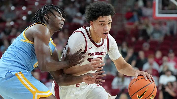 Arkansas Razorbacks wing Isaiah Sealy driving against the Southern Jaguars in a game at Bud Walton Arena in Fayetteville, Ark.