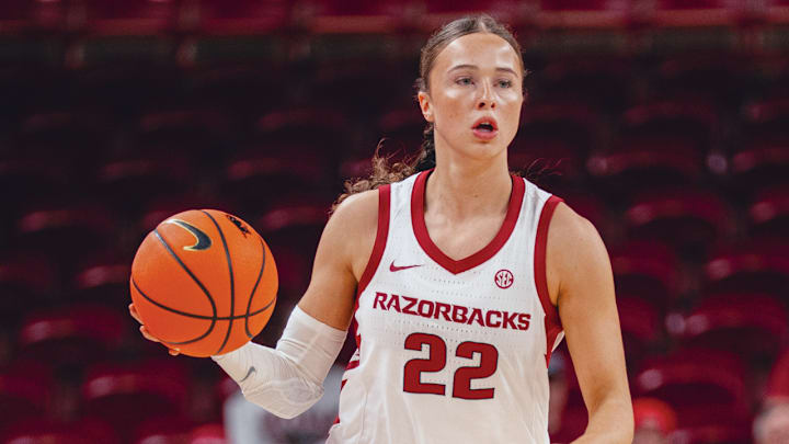 Arkansas Razorbacks Bonnie Deas bringing the ball upcourt against the Louisiana Tech Lady Bulldogs at Bud Walton Arena in Fayetteville, Ark.