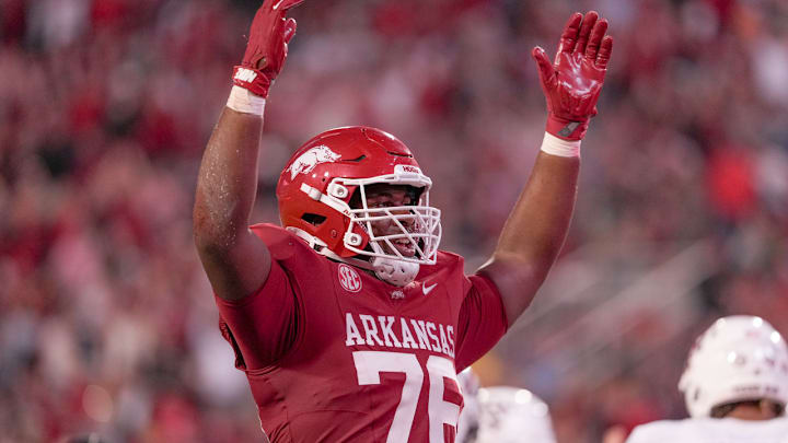 Arkansas Razorbacks offensive lineman E'Marion Harris during game against the Texas A&M Aggies at Razorback Stadium in Fayetteville, Ark.