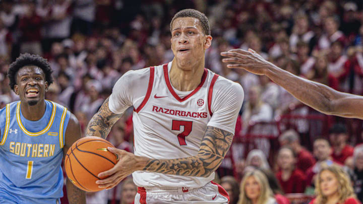 Arkansas Razorbacks forward Trevon Brazile drives the lane in a game against the Southern Jaguars at Bud Walton Arena in Fayetteville, Ark.