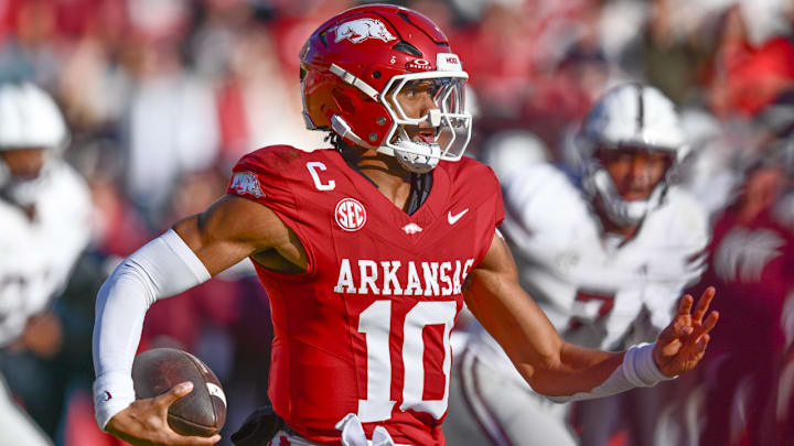 Arkansas Razorbacks quarterback Taylen Green running during game against the Mississippi State Bulldogs at Razorback Stadium in Fayetteville, Ark.