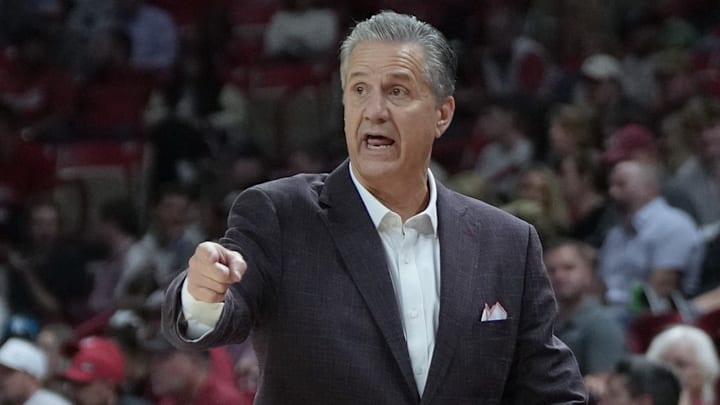 Arkansas Razorbacks coach John Calipari on the sidelines against the Winthrop Eagles at Bud Walton Arena in Fayetteville, Ark.