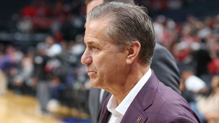 Arkansas Razorbacks coach John Calipari on the sidelines against the Texas Tech Red Raiders at American Airlines Center in Dallas, Texas.