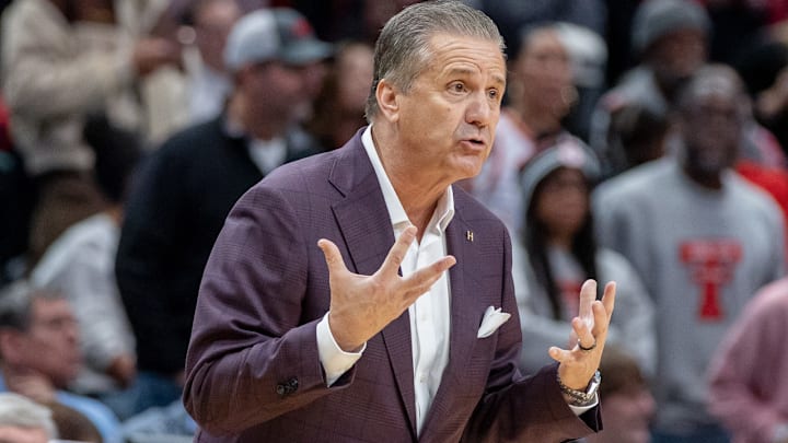 Arkansas Razorbacks coach John Calipari on the sidelines against the Texas Tech Red Raiders at American Airlines Center in Dallas, Texas.