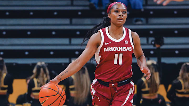 Arkansas Razorbacks Wyvette Mayberry brings the ball upcourt against the Missouri Tigers in Columbia, Mo.