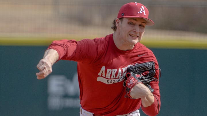 Arkansas Razorbacks pitcher Peyton Lee during scrimmage at Baum-Walker Stadium in Fayetteville, Ark.