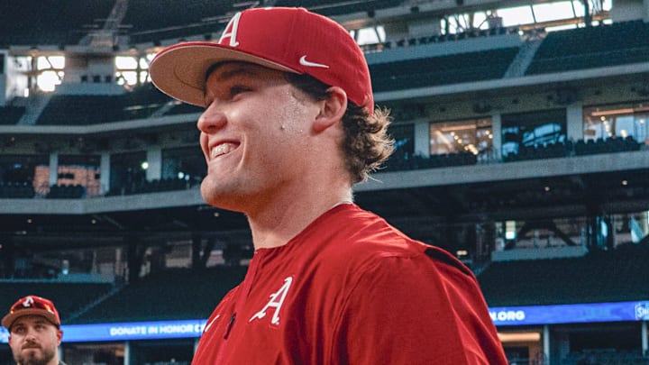 Arkansas Razorbacks Cam Kozeal during practice at Globe Life Field in Arlington, Texas before the Shriners Children's College Showdown opener against Oklahoma State later.