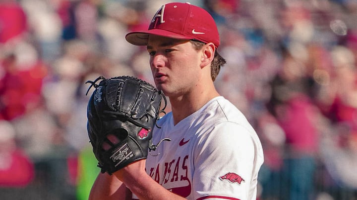 Arkansas Razorbacks pitcher Gabe Gaeckle on the mound against the Xavier Muskateers at Baum-Walker Stadium in Fayetteville, Ark. Arkansas Razorbacks pitcher Gabe Gaeckle on the mound against the Xavier Muskateers at Baum-Walker Stadium in Fayetteville, Ark.