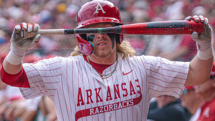 Arkansas Razorbacks Zack Stewart coming to the plate in game against UT Arlington at Baum-Walker Stadium in Fayetteville, Ark.