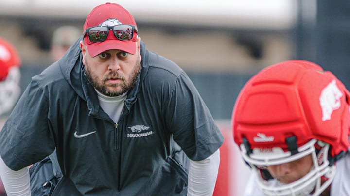 Arkansas Razorbacks tight ends coach Morgan Turner at spring practice.