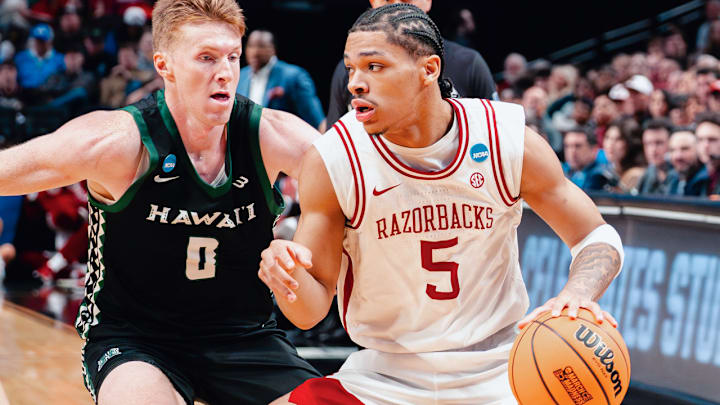 Arkansas Razorbacks Darius Acuff against Hawaii in NCAA Tournament. Arkansas Razorbacks Darius Acuff against Hawaii in NCAA Tournament.