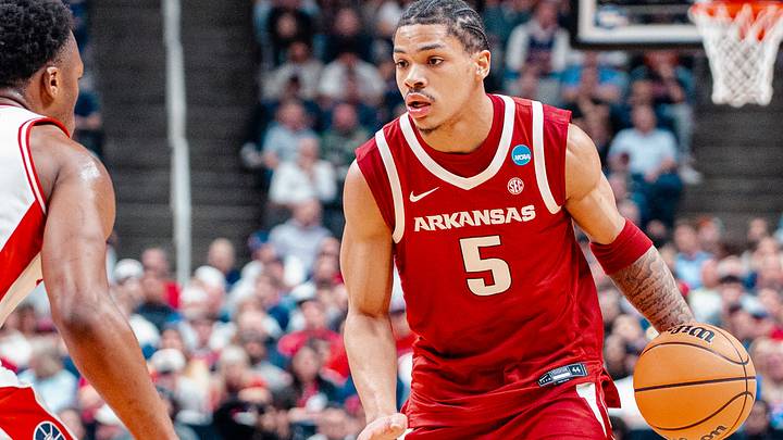 Arkansas Razorbacks' Darius Acuff against the Arizona Wildcats in the Sweet 16 of the NCAA Tournament in San Jose, Calif. Arkansas Razorbacks' Darius Acuff against the Arizona Wildcats in the Sweet 16 of the NCAA Tournament in San Jose, Calif.