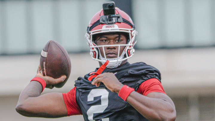 Arkansas Razorbacks quarterback AJ Hill during spring practice drills.