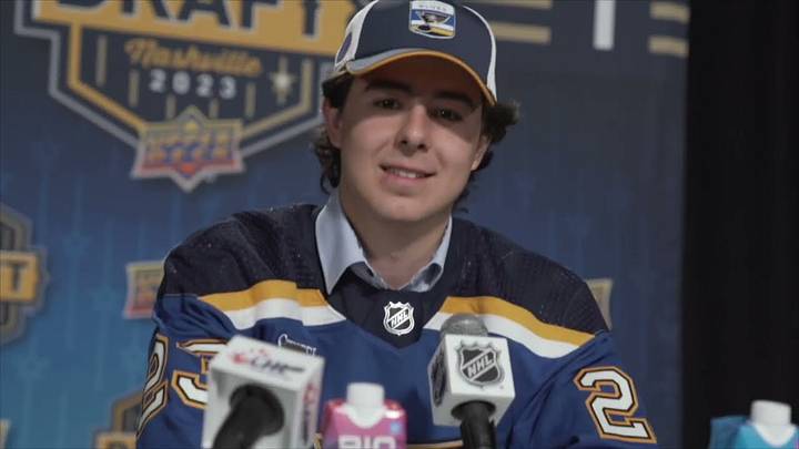 Matthew Mayich after being selected by the St. Louis Blues in the 2023 NHL Draft. 