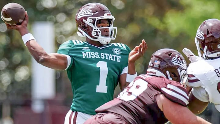 Mississippi State Bulldogs quarterback Kamario Taylor delivers a throw in the Maroon-White Game at Davis Wade Stadium in Starkville, Miss.