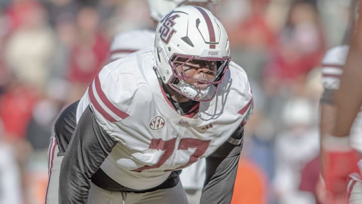Mississippi State Bulldogs offensive lineman Jayvin Q. James against the Arkansas Razorbacks at Razorback Stadium in Fayetteville, Ark.