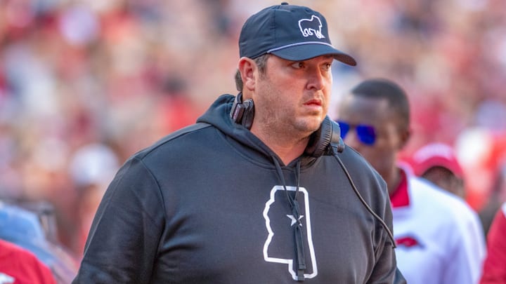 Mississippi State Bulldogs coach Jeff Lebby against the Arkansas Razorbacks at Razorback Stadium in Fayetteville, Ark.