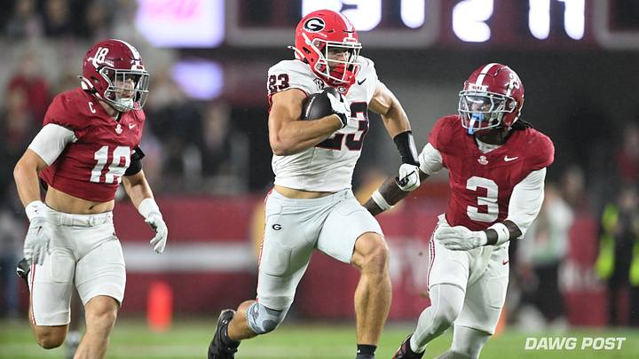 Georgia Bulldogs tight end Jaden Reddell turns in a huge gain in the second quarter of the Georgia-Alabama game in Tuscaloosa, AL on 10/10/2026. Georgia Bulldogs tight end Jaden Reddell turns in a huge gain in the second quarter of the Georgia-Alabama game in Tuscaloosa, AL on 10/10/2026.