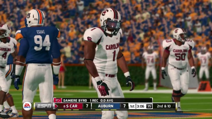 Former Gamecock WR Damien Byrd versus Auburn in NCAA 14. Former Gamecock WR Damien Byrd versus Auburn in NCAA 14.