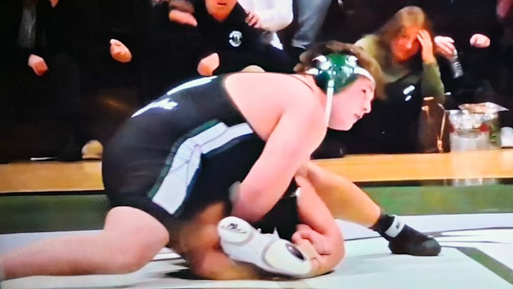Delbarton's August Moser seeks to gain control over Blair Academy's TJ Kellas in their decisive match at 285 lbs, Thursday night. Moser prevailed, 7-2, lifting Delbarton to a narrow 30-29 victory over their New Jersey rivals.