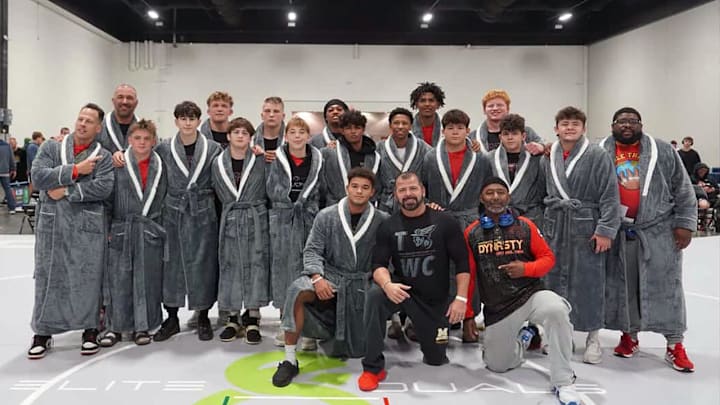 Members of Dynasty Wrestling pose in their Elite 8 championship robes following their victory in Georgia over the weekend.