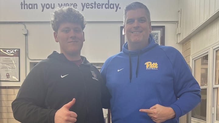 2026 OL Recruit Rhett Morris with Pitt OL Coach Jeremy Darveau
