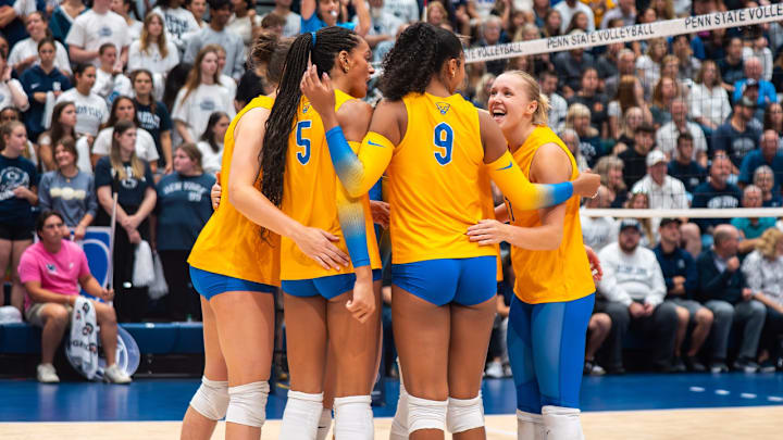 No. 5 Pitt Volleyball Celebrates a point in their win over No. 13 Penn State at Rec Hall in University Park, Pa. 