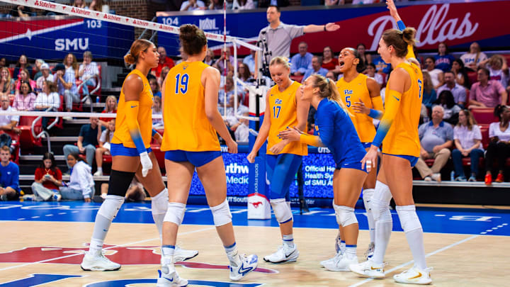 No. 5 Pitt Volleyball Celebrates a Point in a Five-Set Win over No. 11 SMU at Moody Coliseum in Dallas, Texas