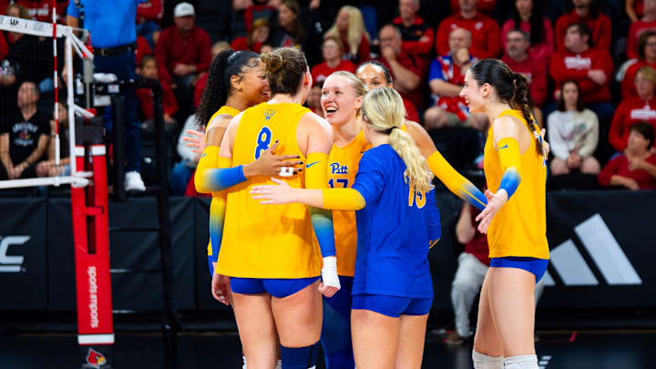 No. 6 Pitt Volleyball Celebrates Point in Five-Set Win over No. 4 Louisville on the Road No. 6 Pitt Volleyball Celebrates Point in Five-Set Win over No. 4 Louisville on the Road