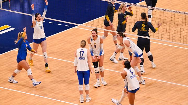 Pitt Volleyball Celebrates a Point in the Second Set of their Sweep of Michigan in the Second Round of the NCAA Tournament at the Petersen Events Center on Dec. 6, 2025 Pitt Volleyball Celebrates a Point in the Second Set of their Sweep of Michigan in the Second Round of the NCAA Tournament at the Petersen Events Center on Dec. 6, 2025