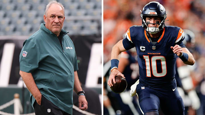 Philadelphia Eagles defensive coordinator Vic Fangio and Denver Broncos quarterback Bo Nix (10).
