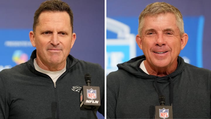 Denver Broncos general manager George Paton (left) and head coach Sean Payton (right) at the 2026 NFL Scouting Combine. 