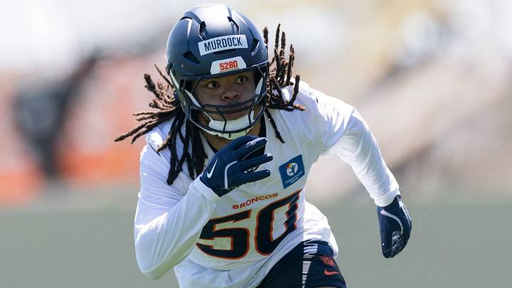 Denver Broncos rookie linebacker Red Murdock practices during rookie minicamp at Broncos Park Powered by CommonSpirit. Denver Broncos rookie linebacker Red Murdock practices during rookie minicamp at Broncos Park Powered by CommonSpirit.