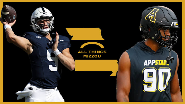 Thumbnail for the "All Things Mizzou" podcast, featuring images of quarterback Beau Pribula, and defensive end Nate Johnson.