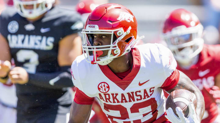 Arkansas Razorbacks running back Isaiah Augustave during Red-White game Saturday at Razorback Stadium in Fayetteville, Ark. Arkansas Razorbacks running back Isaiah Augustave during Red-White game Saturday at Razorback Stadium in Fayetteville, Ark.
