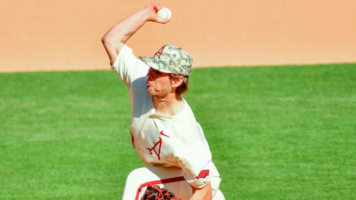 Arkansas Razorbacks pitcher Gabe Gaeckle delivers a pitch against the Ole Miss Rebels on April 26 in a game at Baum-Walker Stadium.